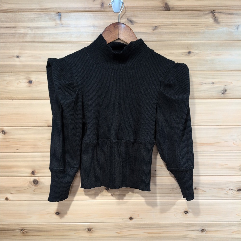 Free People Black Ribbed Mock Neck Puff Sleeve Top OB1110527 Size M